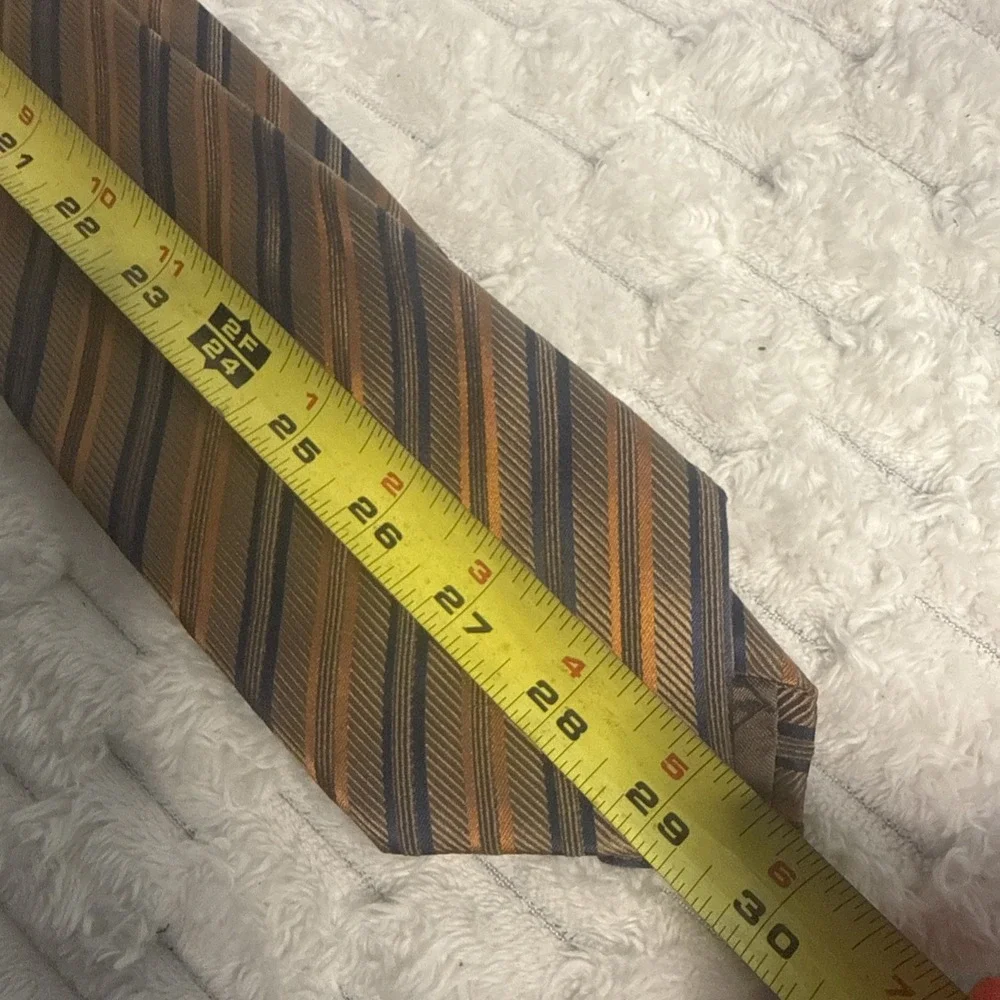 Brioni Designer Tie Diagonal Striped 60 Inches Long 84% Silk Bronze Navy Gold
